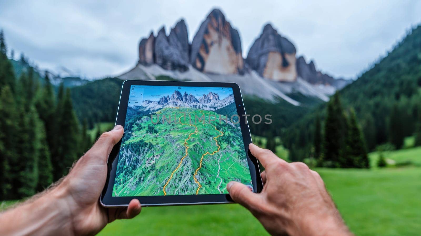 Exploring stunning mountain landscape, person uses tablet to track their hiking route, showcasing beauty of nature and technology in harmony.