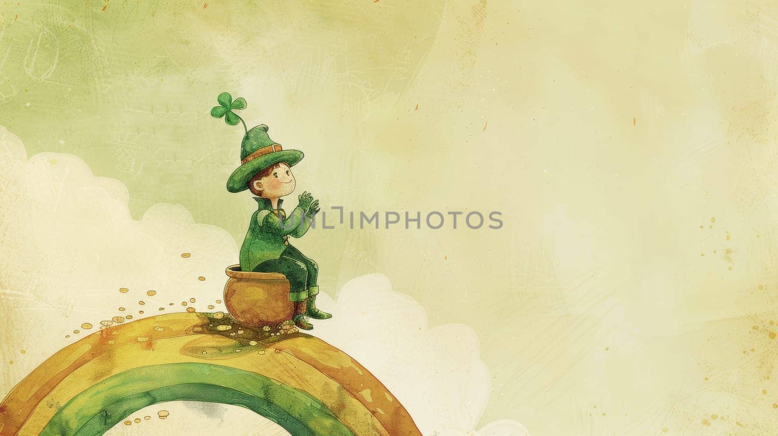 Vintage-inspired st. patrick's day card featuring a hand-drawn leprechaun on a pot of gold atop a rainbow. muted green and gold tones create a nostalgic feel, perfect for holiday greetings and festive decor.