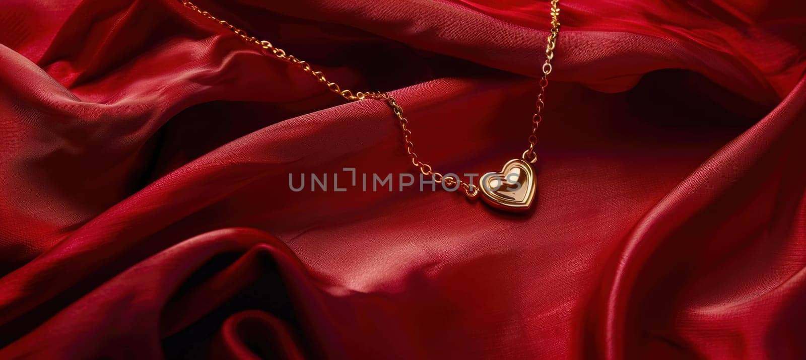 Gold heart-shaped necklace elegantly rests on deep red silk fabric, enhanced by soft lighting. luxurious textures create a romantic feel, ideal for valentine's day promotions, leaving ample space for customizable text or design elements.