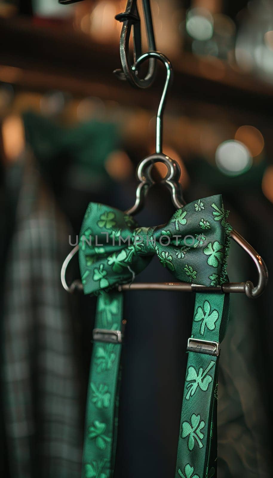 Green bow tie and suspenders adorned with shamrock patterns, hanging on a hook. perfect for adding a touch of festive style to st. patrick's day celebrations, emphasizing elegance and holiday spirit.