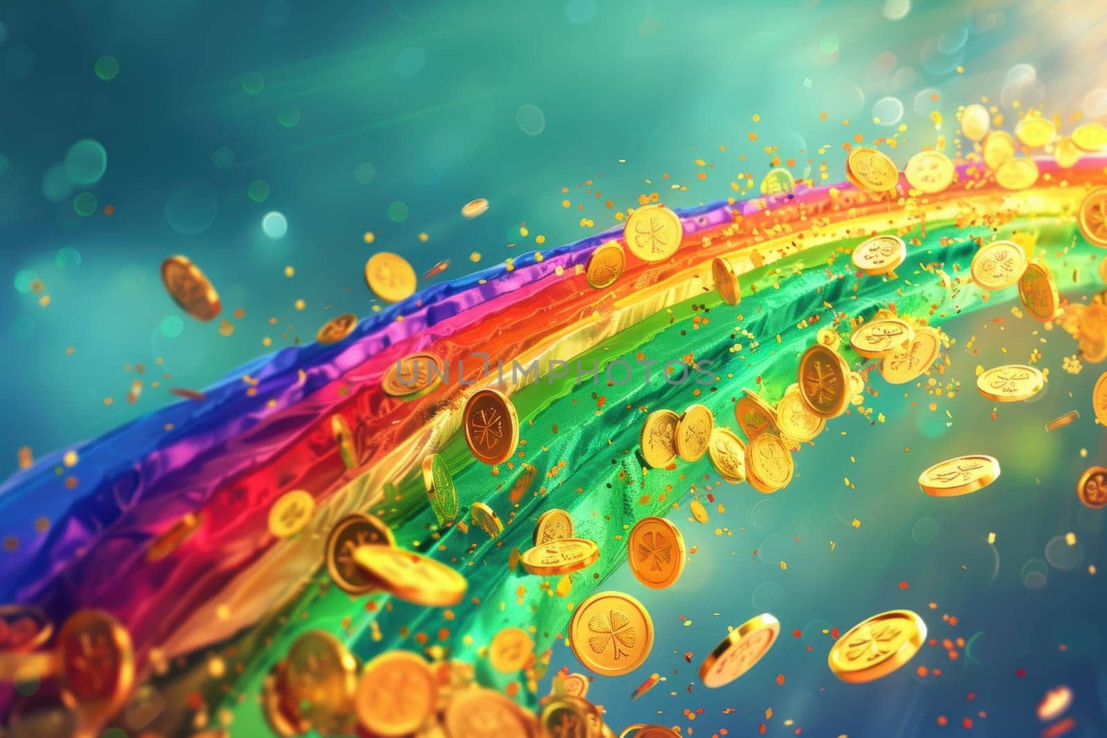 A colorful st. patrick's day card design featuring a dynamic rainbow forming a shamrock, with gold coins cascading through a vibrant sky. the festive scene is perfect for holiday greetings and cheerful decorations.