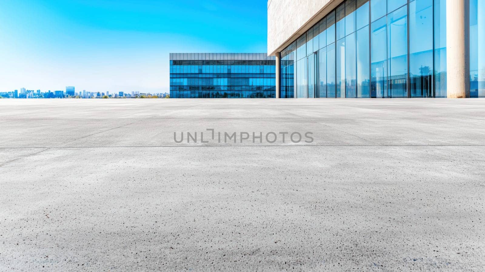 realistic photograph of empty concrete surface with modern building backdrop.