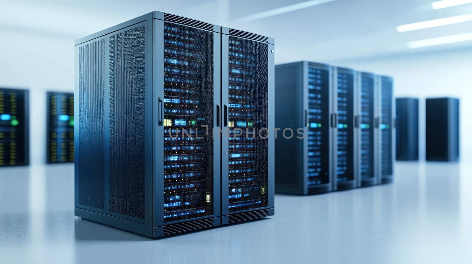 High tech server setup with multiple racks displaying illuminated servers in modern data center environment. sleek design and organized layout convey efficiency and advanced technology.