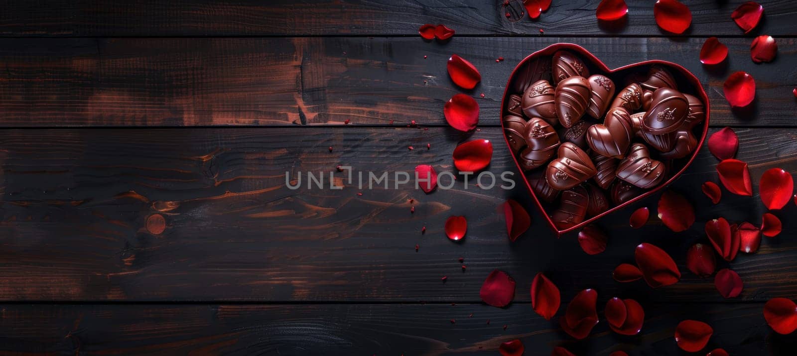 Heart-shaped box filled with luxury chocolates surrounded by red rose petals on a dark wooden surface. this elegant design embodies romance, perfect for valentine's day celebrations and romantic-themed projects.