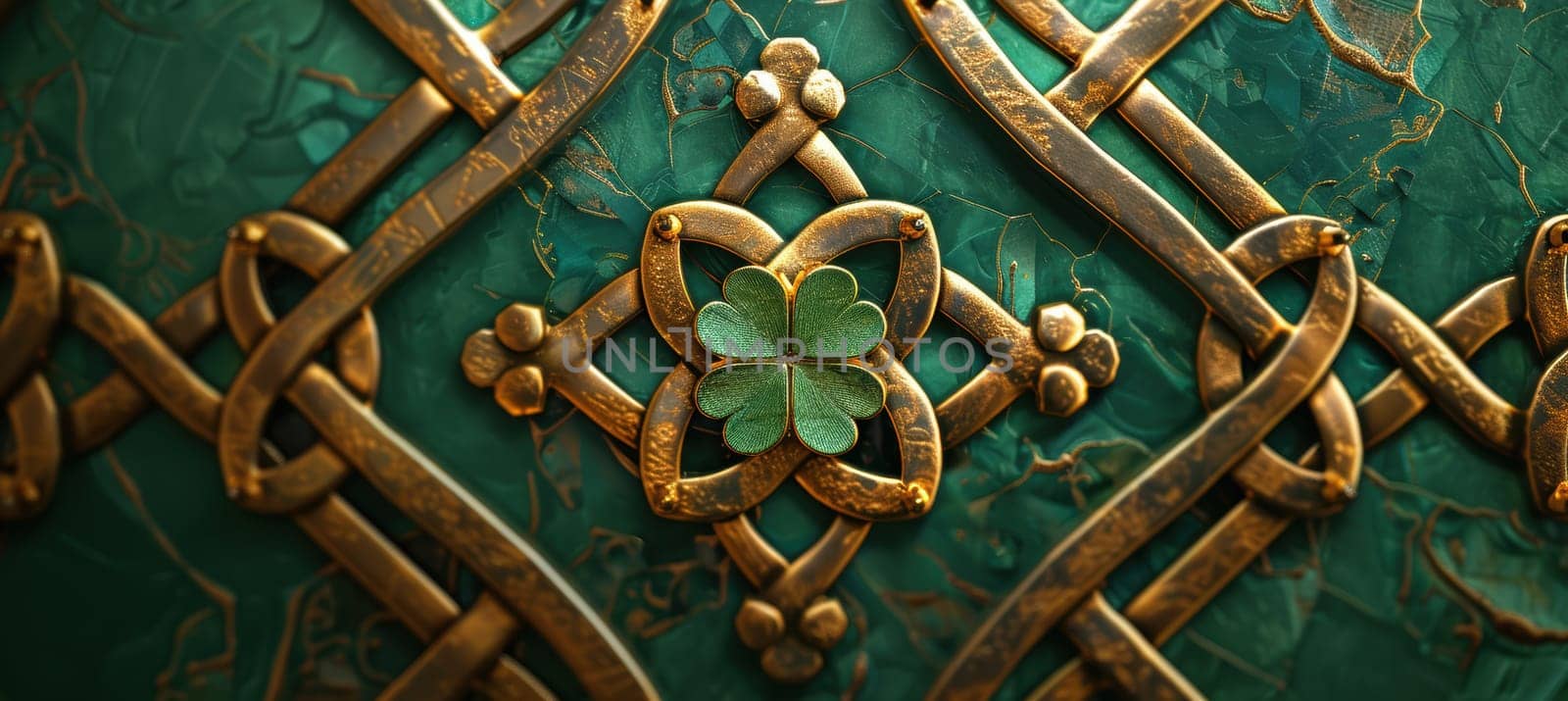 A sophisticated st. patrick's day card featuring an intricate golden celtic knot pattern adorned with a central green shamrock. the deep emerald green background enhances the card's luxurious appeal.
