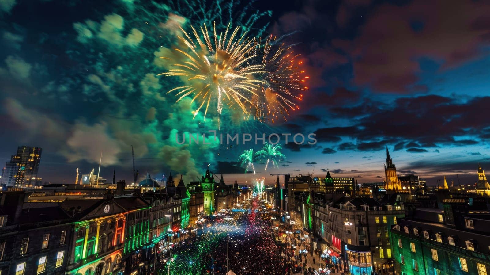 Vibrant fireworks illuminate the night sky during a st. patrick's day celebration in a bustling city. iconic buildings glow in green, and crowds of people fill the streets below, capturing the festive spirit of the holiday.