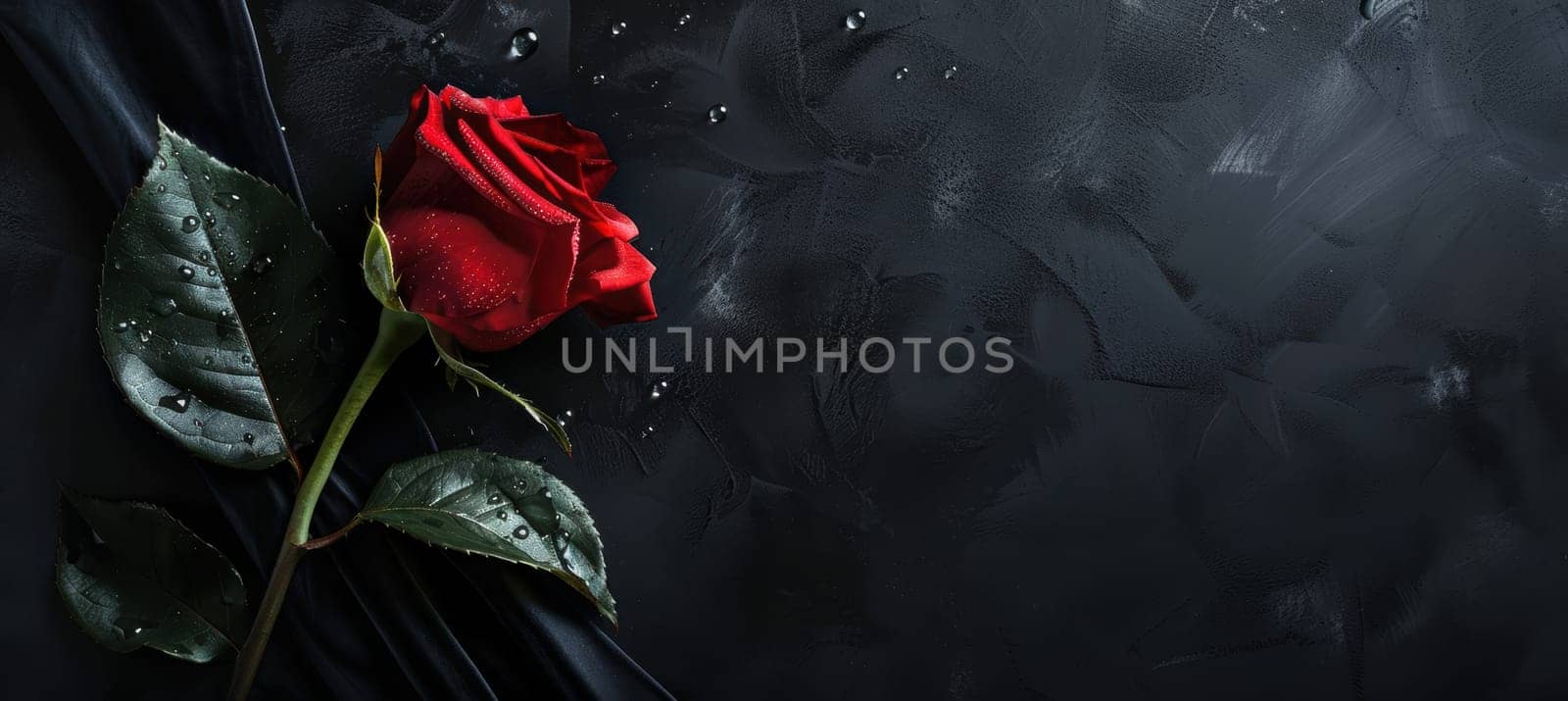 Red rose with dewdrops on a black velvet background, elegantly lit for a luxurious and romantic feel. the composition allows space for text, ideal for valentine's day greetings or decorative designs.