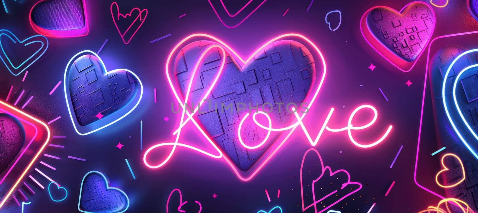 Vibrant valentine's day greeting card inspired by retro 80s aesthetics, featuring neon pink and purple hearts, bold geometric shapes, and a glowing "love" sign. perfect for nostalgic and colorful celebrations.