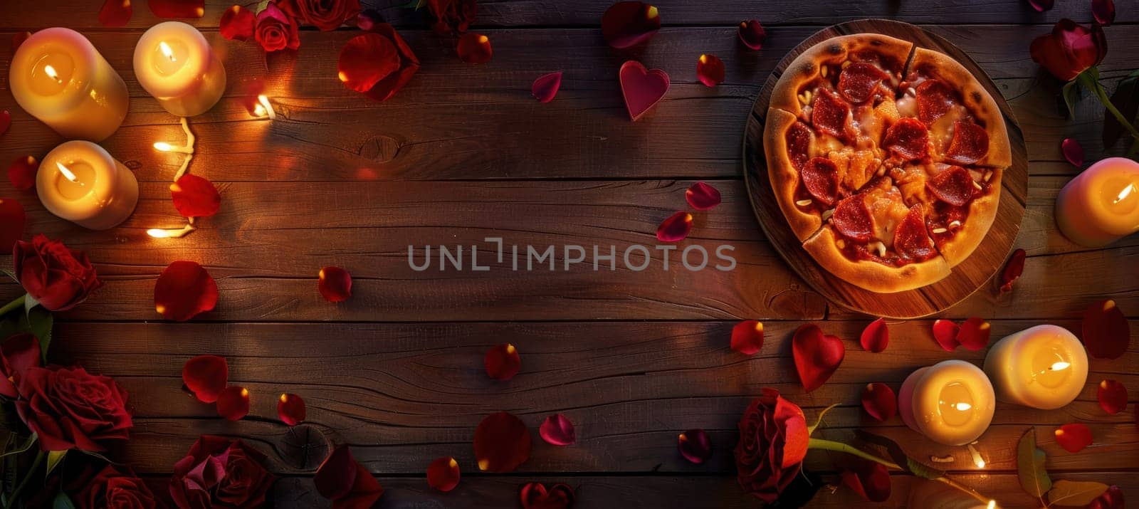 Romantic valentine's day scene featuring a heart-shaped pizza on a wooden table, adorned with candles and rose petals. the warm, cozy atmosphere is perfect for intimate celebrations and leaves space for personalized text.
