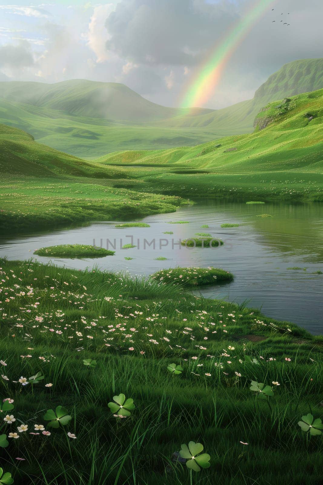 A photorealistic scene featuring lush green hills under a clear sky with a brilliant rainbow in the distance. the foreground is adorned with clover patches, embodying the tranquility and beauty of an irish landscape.