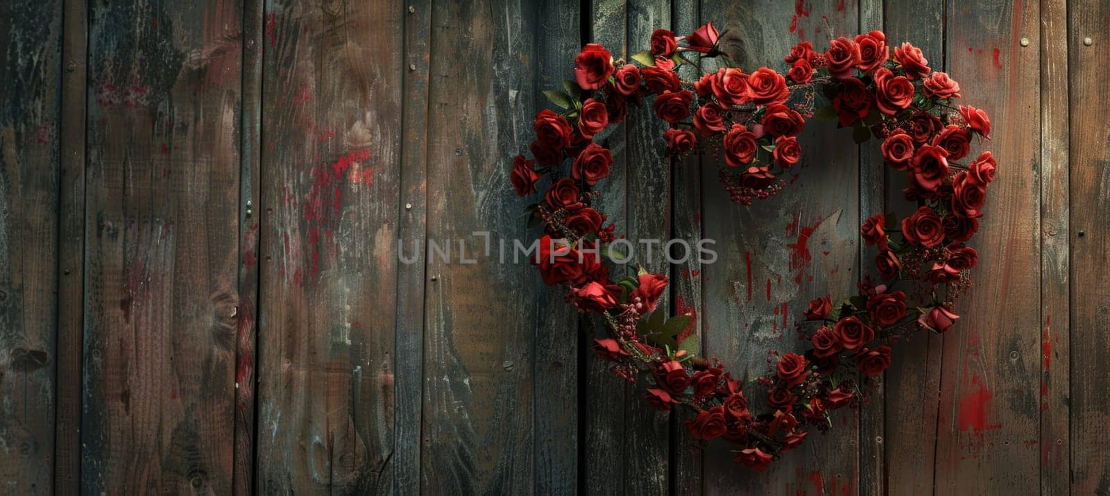Heart-shaped wreath of red roses hanging on a rustic wooden door, evoking warmth and romance. perfect for valentine's day décor, this image offers space for text, making it ideal for banners or greeting cards.