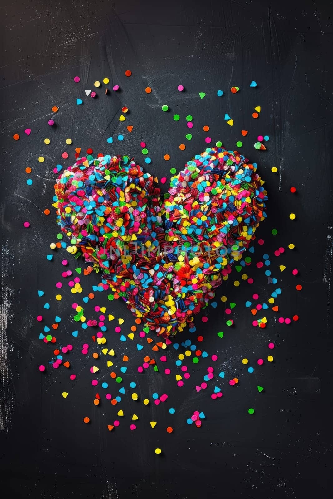 A vibrant valentine's day greeting card features an abstract heart made of colorful confetti against a sleek black background, creating a modern and festive design ideal for celebratory occasions.