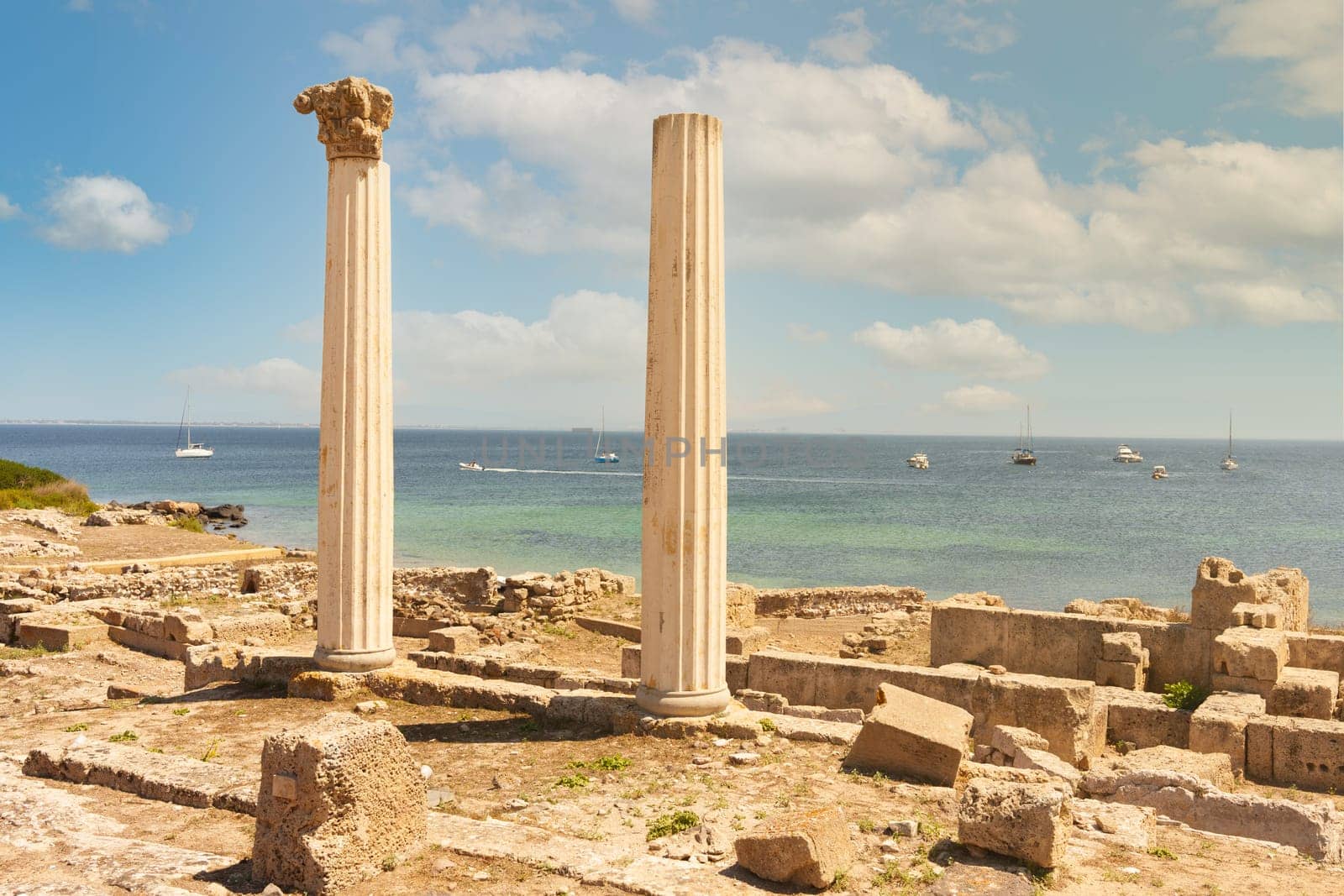 Columns in the Phoenician city of Tharros. Sardinia, Italy