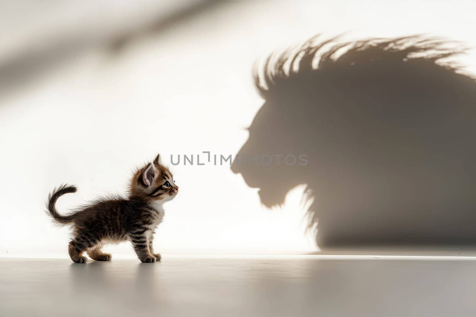 A kitten standing on a isolated background with the shadow of a lion cast behind it..