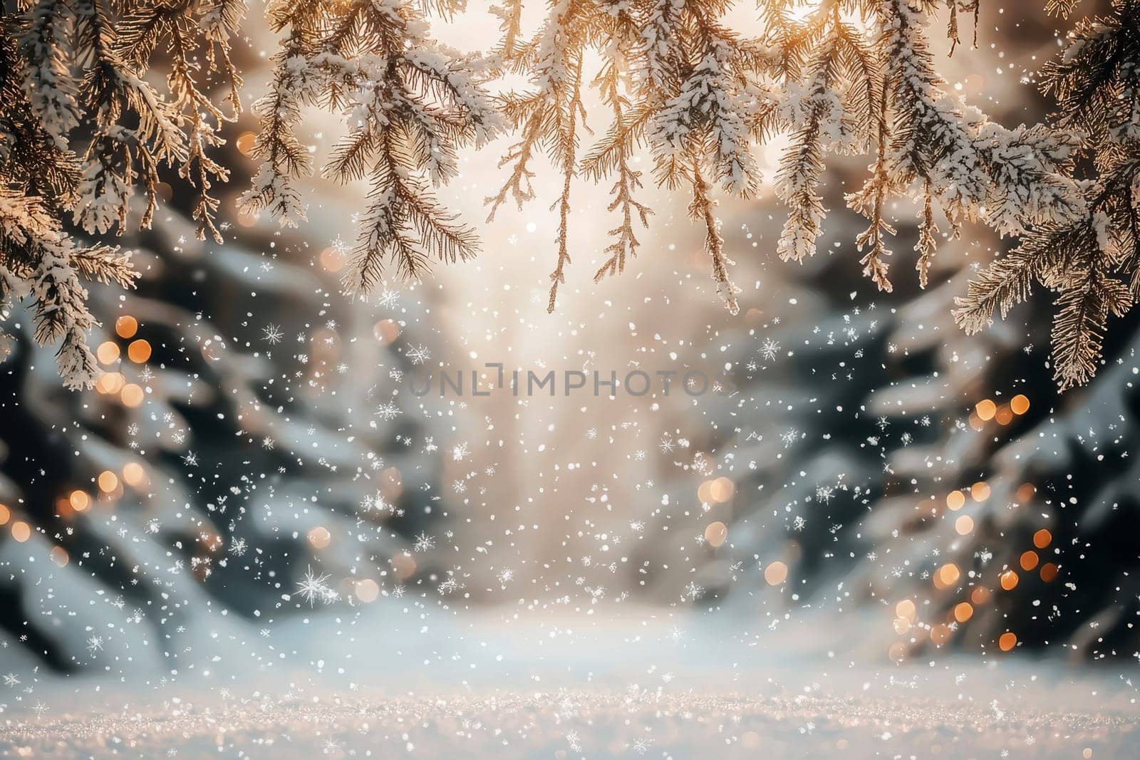 A snowy winter background with snowflakes and pine branches, creating an atmosphere of Christmas and New Year celebration..