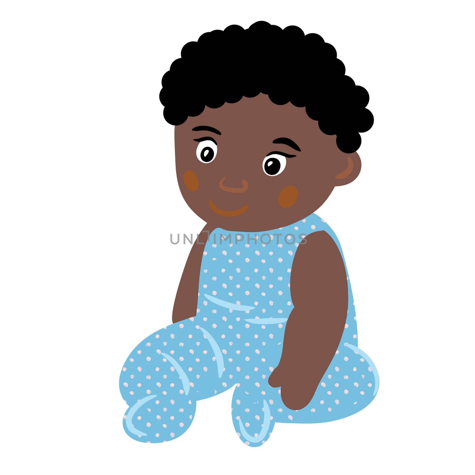 Hand drawn illustration of african american black cute baby boy in blue sitting. Birthday baby shower celebration poster, kids children nursery design in simple shapes colors, funny toddler childhood