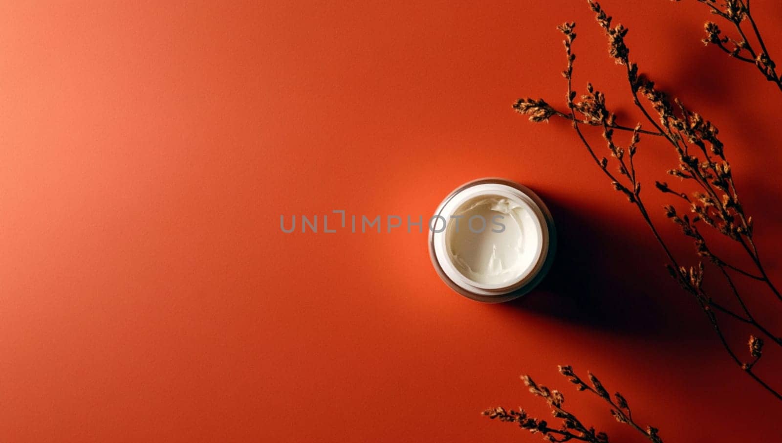 Green jar of white cream on a red background, with sunlight casting shadows. Clean, modern, and luxurious, perfect for beauty branding. Evokes wellness and self care