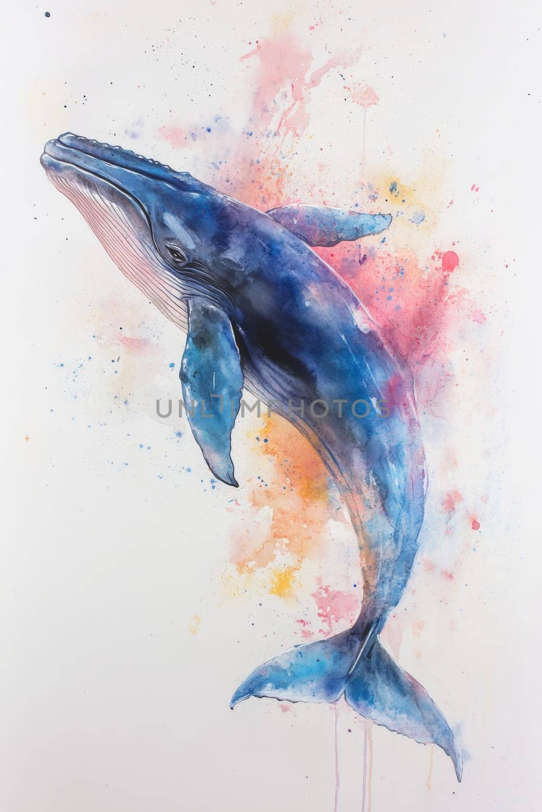 Image of a whale on a light background. Blue whale painted with blue watercolor paint. High quality photo
