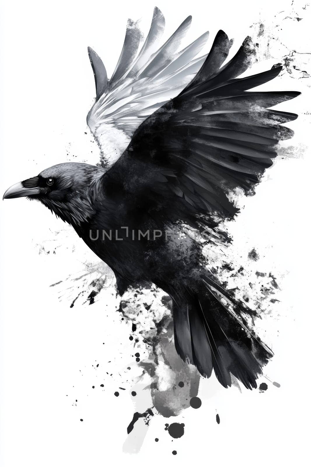 An image of a black crow on a light background. The crow is painted with black watercolor paint or pastel. High quality photo