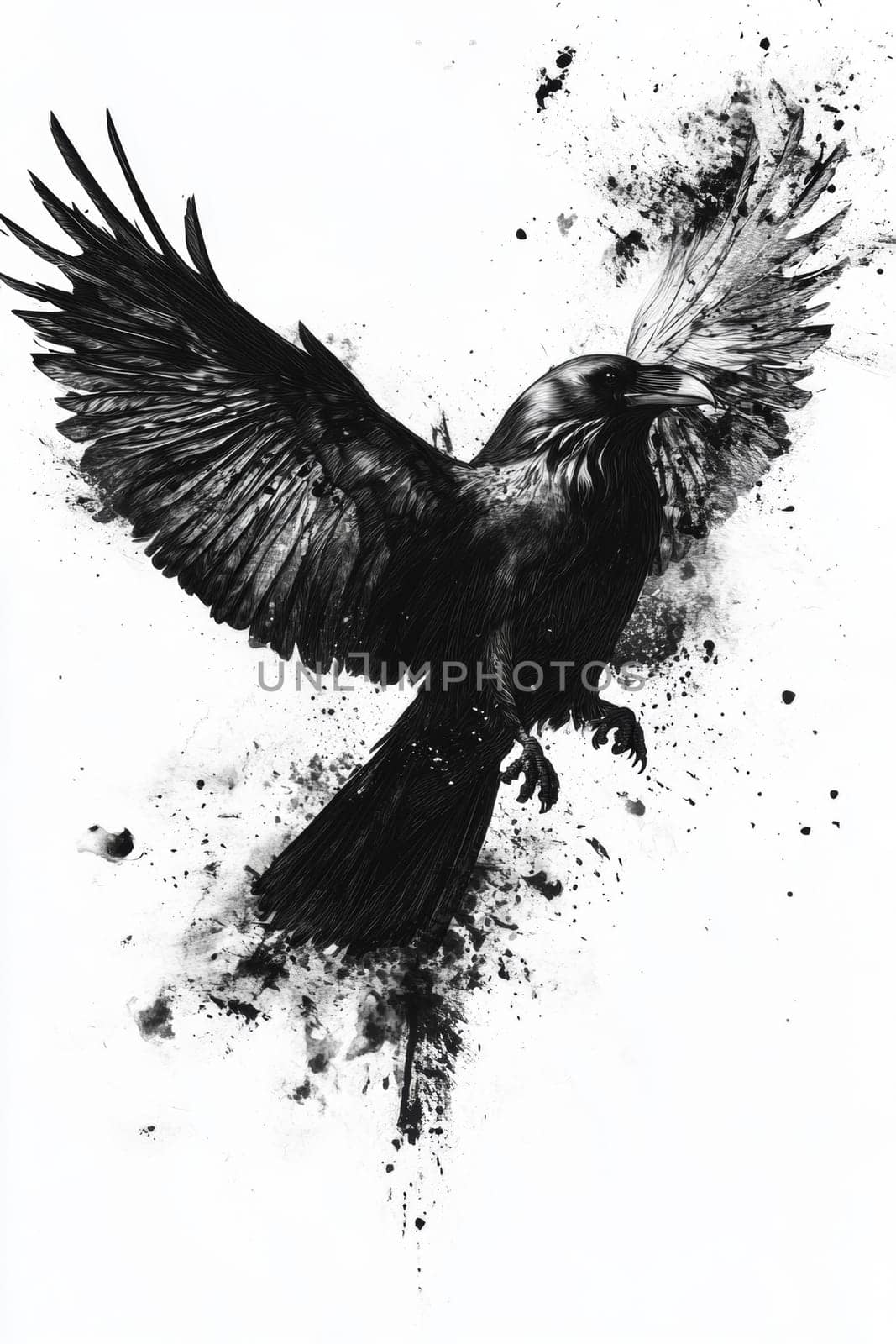 An image of a black crow on a light background. The crow is painted with black watercolor paint or pastel. High quality photo