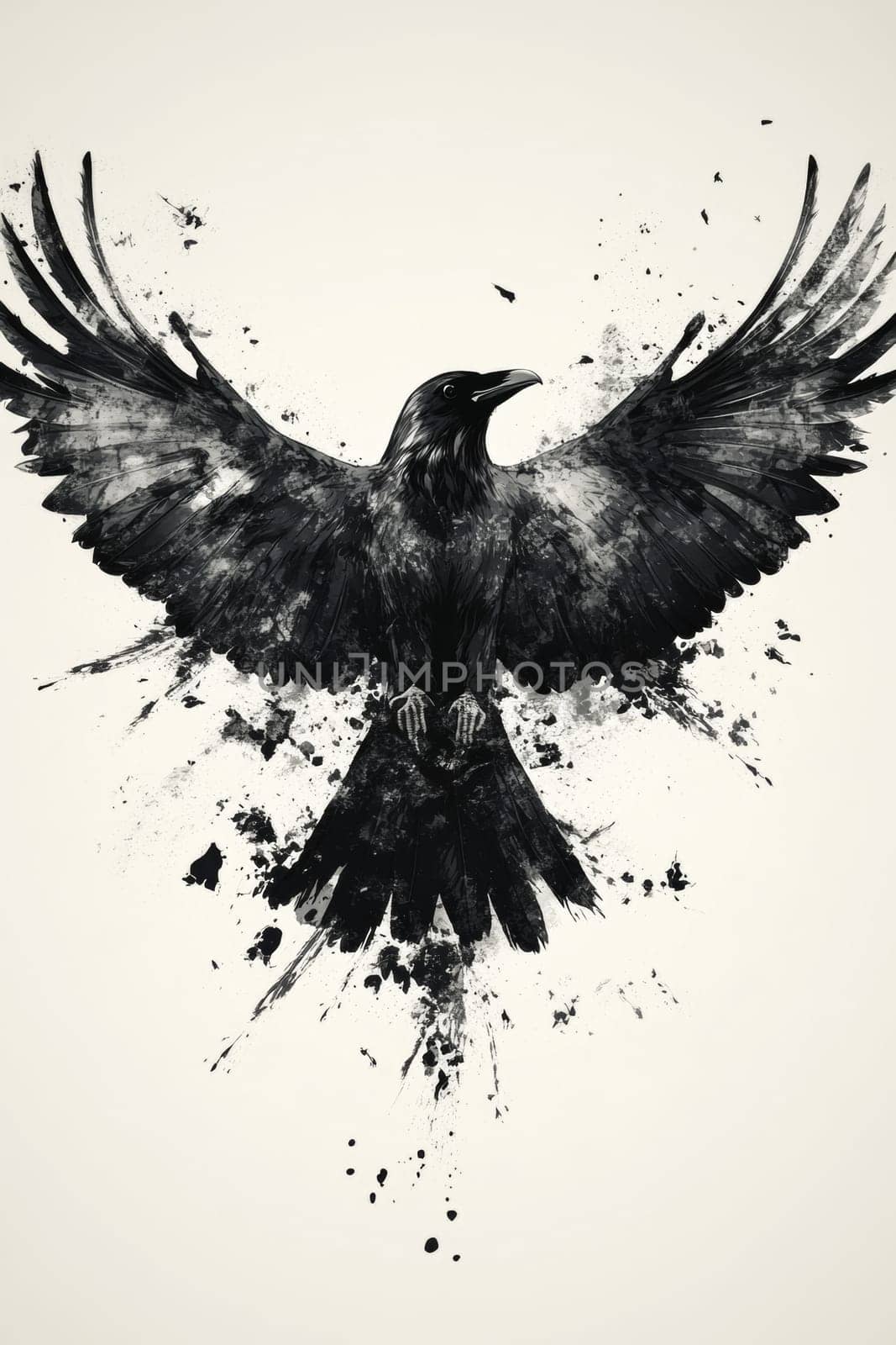 An image of a black crow on a light background. The crow is painted with black watercolor paint or pastel. High quality photo