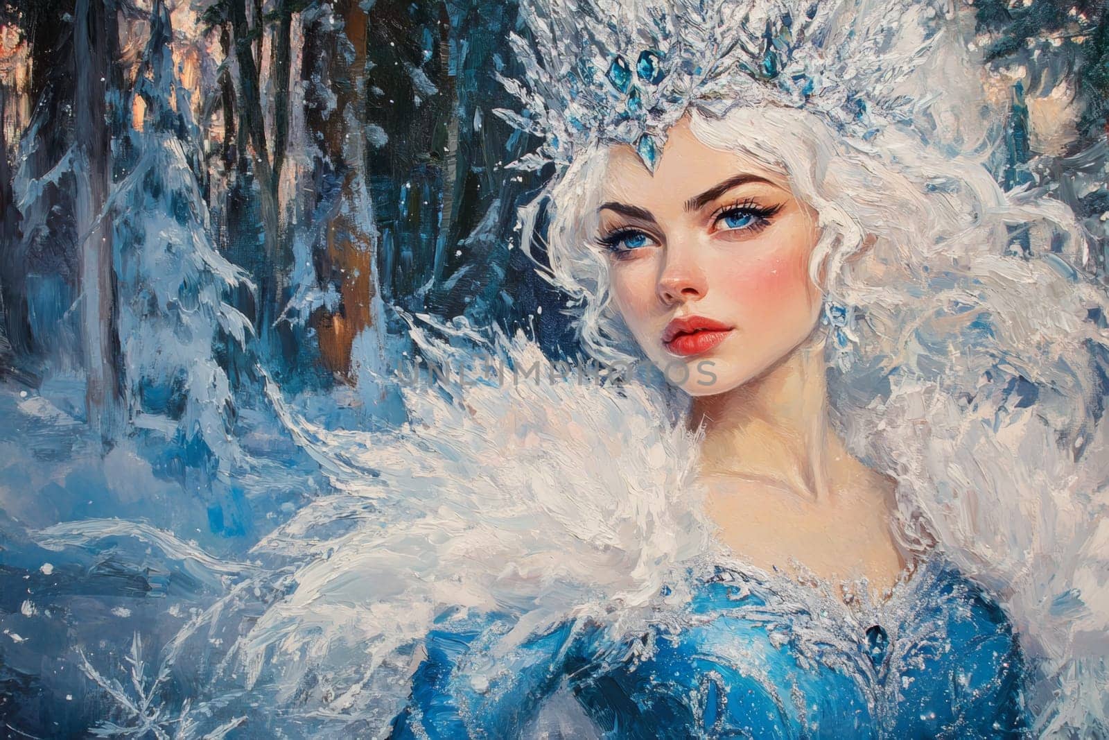 Portrait of a very beautiful woman in a winter forest, a fairy or mistress of the forest walks around her domain. High quality photo