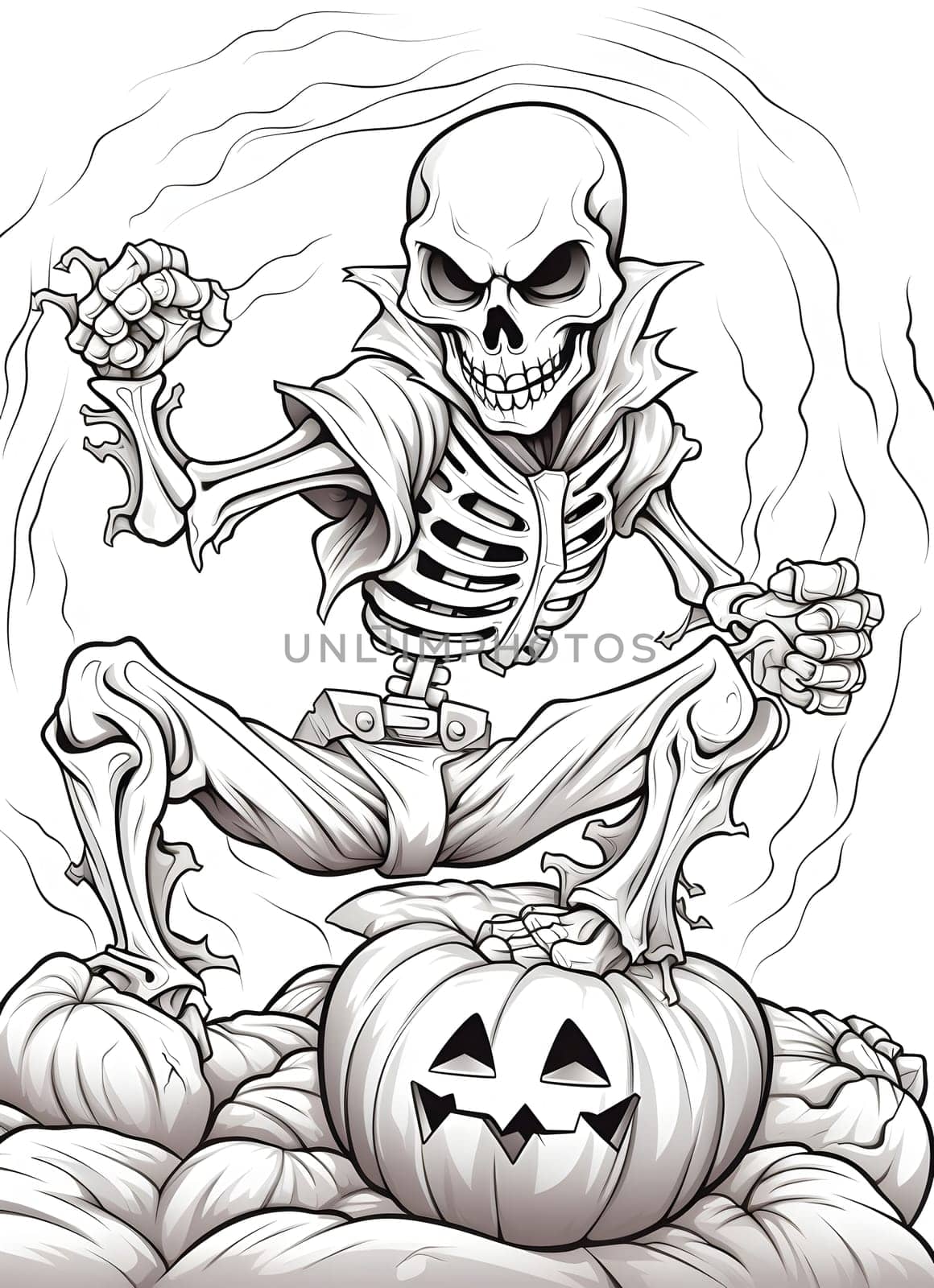 A cartoon skeleton is standing on a pumpkin, with a spooky look on its face. The skeleton has a ghostly aura surrounding it.