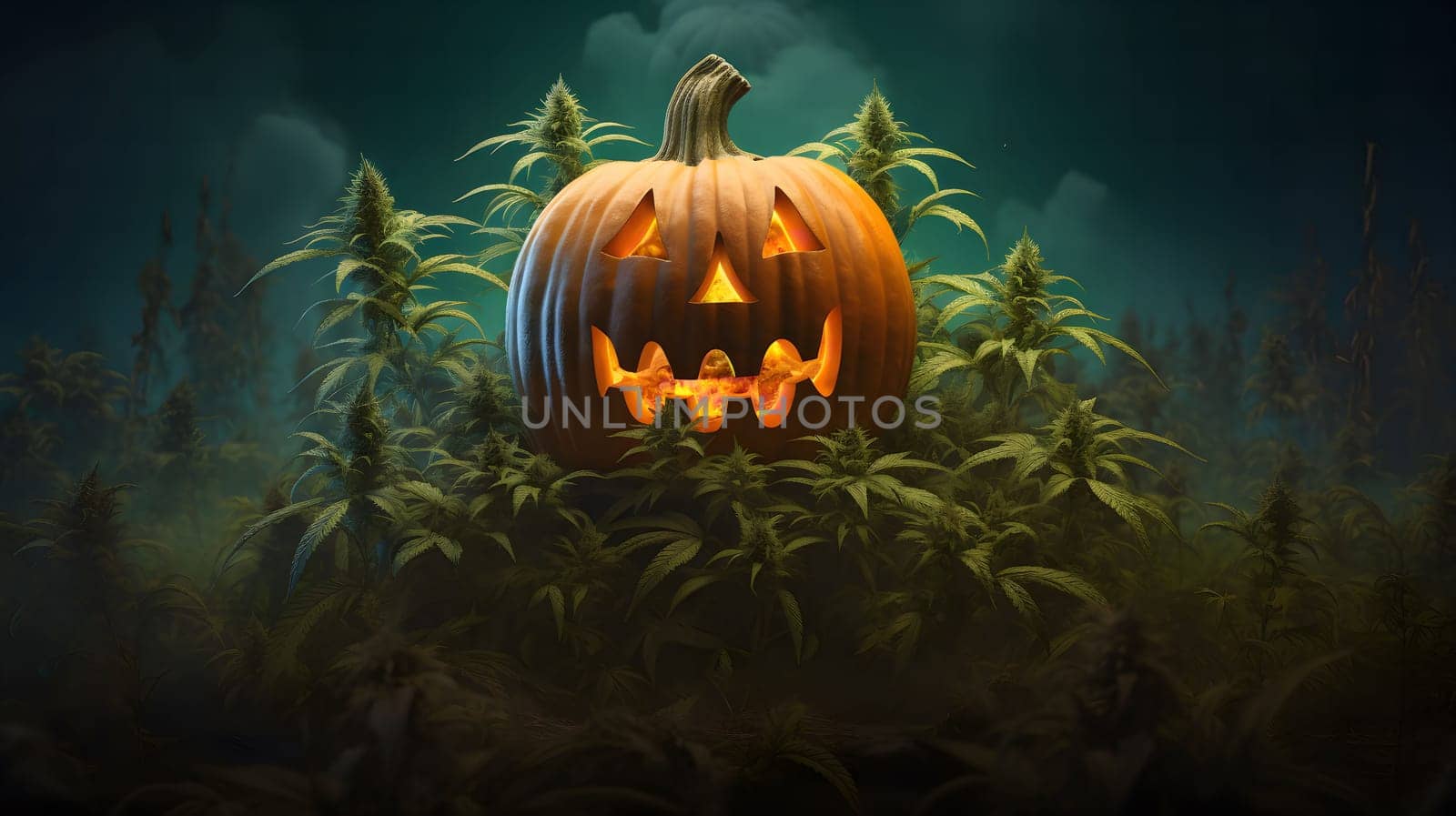 A glowing jack-o'-lantern carved into a pumpkin sits amidst a field of cannabis plants under a dark and misty sky. The scene evokes a spooky and eerie atmosphere, perfect for Halloween.