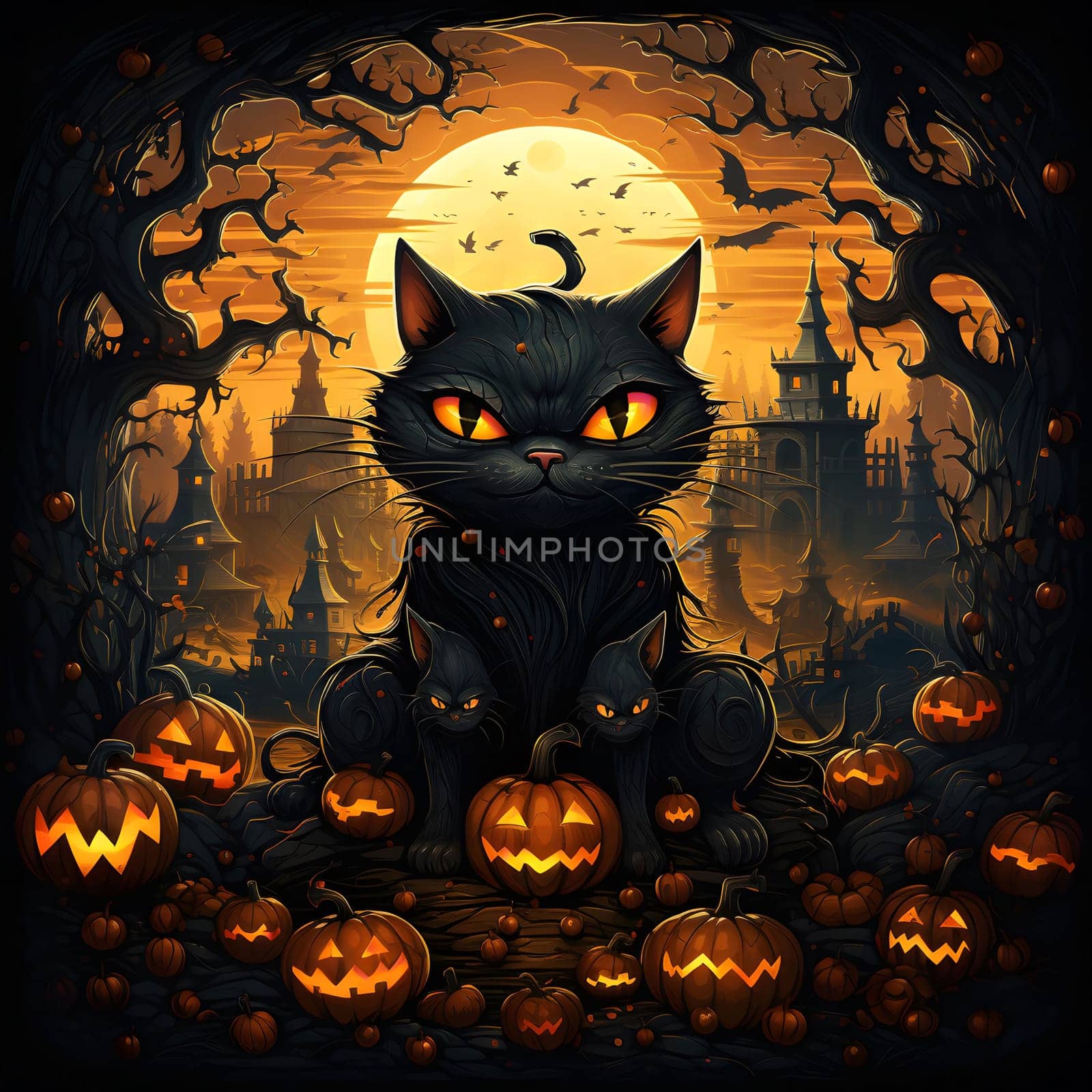 A black cat sits in front of a spooky halloween backdrop surrounded by jack o' lanterns.