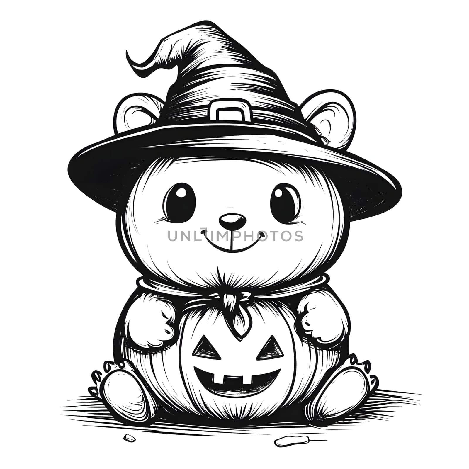 A cute bear wearing a witch hat and holding a jack-o'-lantern pumpkin. The bear is drawn in a cartoon style and is perfect for Halloween decorations or illustrations.