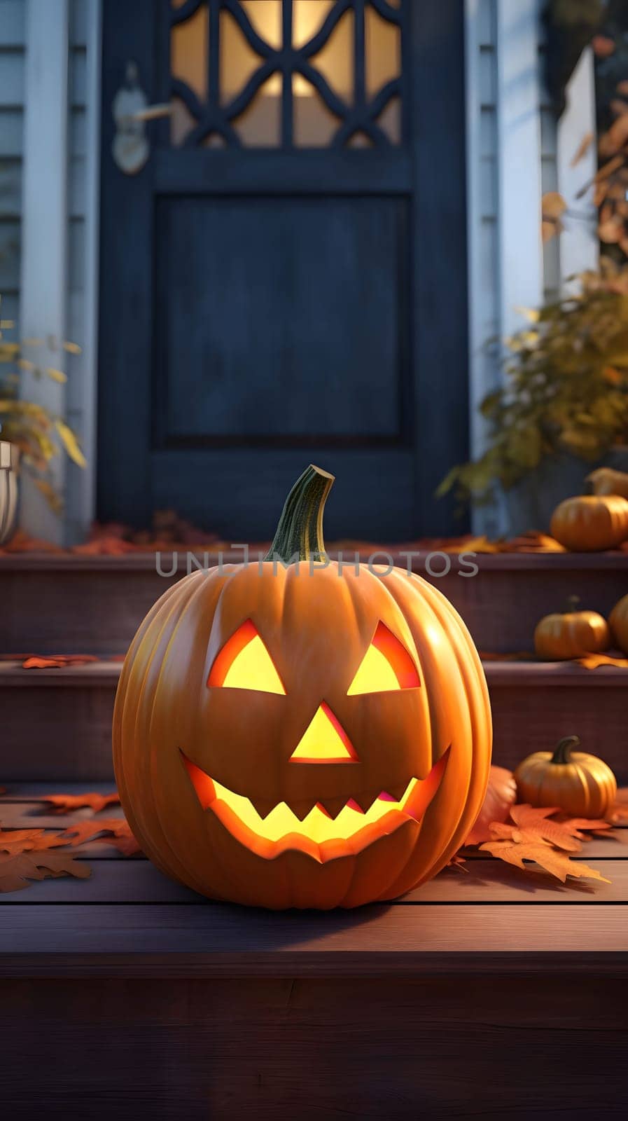 A carved jack-o-lantern sits on the porch steps, lit up and glowing on Halloween night. The pumpkin is a classic symbol of the holiday, and its spooky smile adds a touch of fun to the scene.
