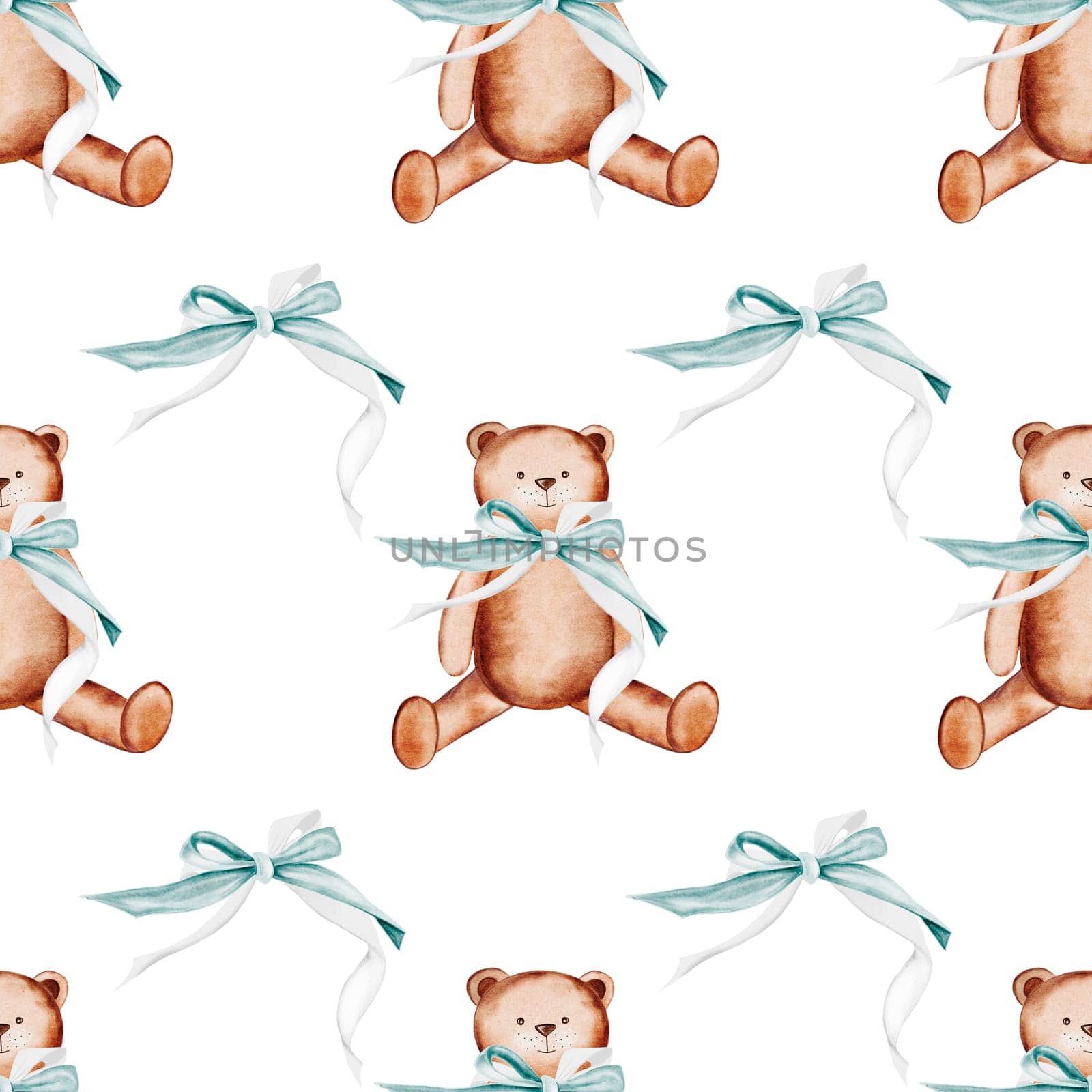 Bear pattern watercolor. Watercolor ornament with toys hand drawing. Illustration of a teddy bear with a bow on a white background. Children's design. Ideal for children's textiles, diapers and underwear