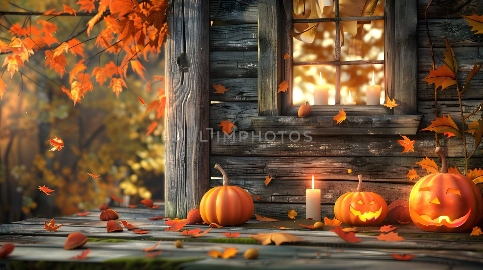 A rustic cabin decorated for Halloween with jack-o'-lanterns and candles on the porch, surrounded by autumn leaves