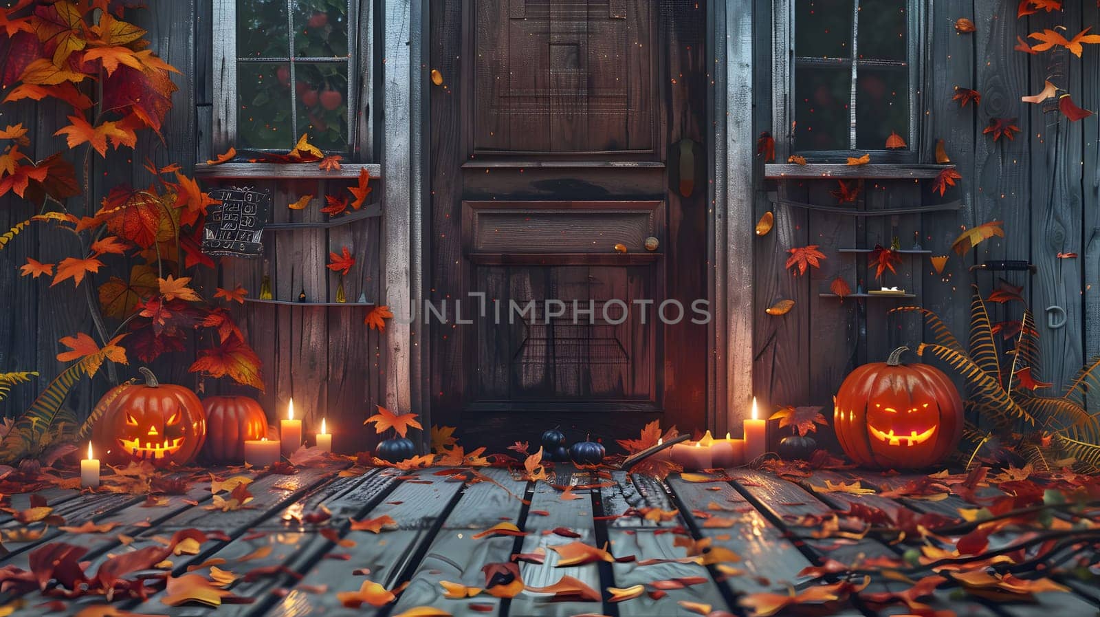 A spooky Halloween porch with carved pumpkins, candles and fall leaves.