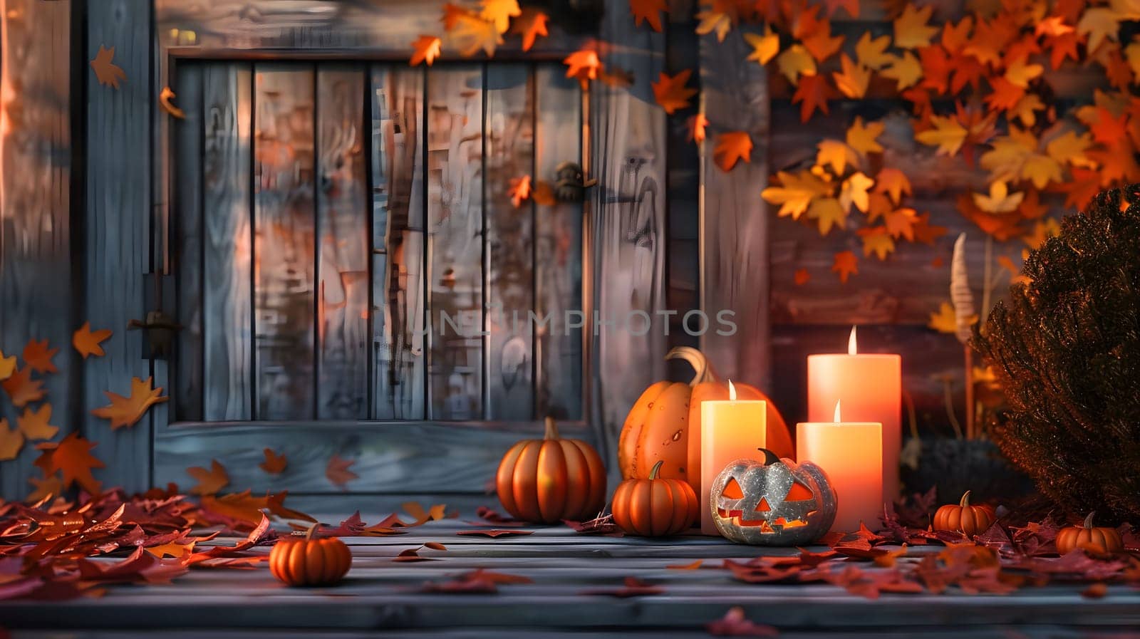A wooden door with pumpkins and candles lit for Halloween decoration, leaves on the ground, cozy and festive atmosphere