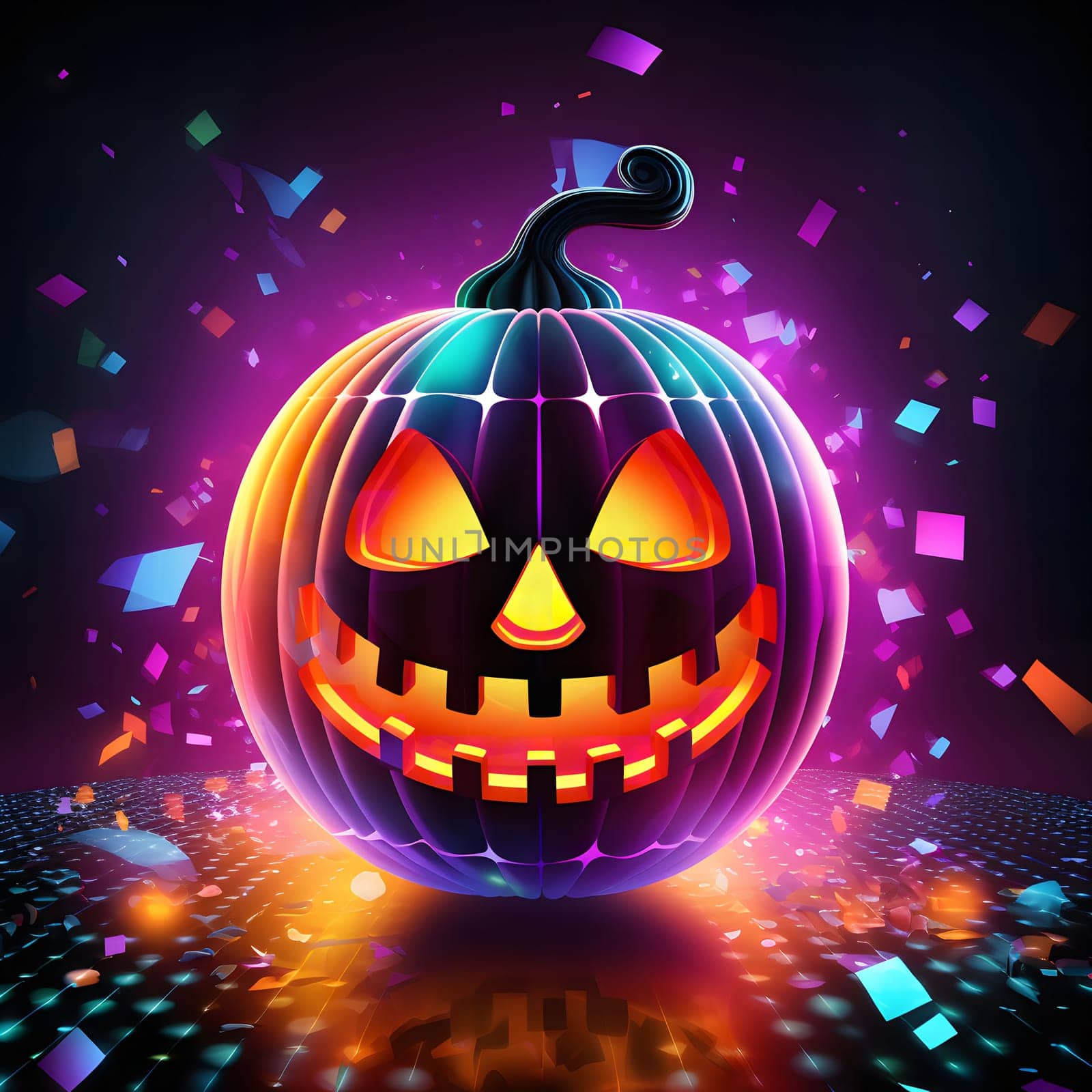 A glowing jack-o'-lantern with a neon effect, set against a dark background with confetti, perfect for a spooky Halloween celebration.