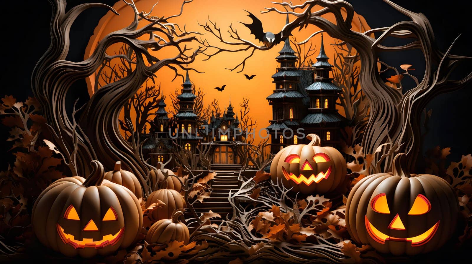 A group of jack-o'-lanterns glows in front of a spooky house on Halloween night.
