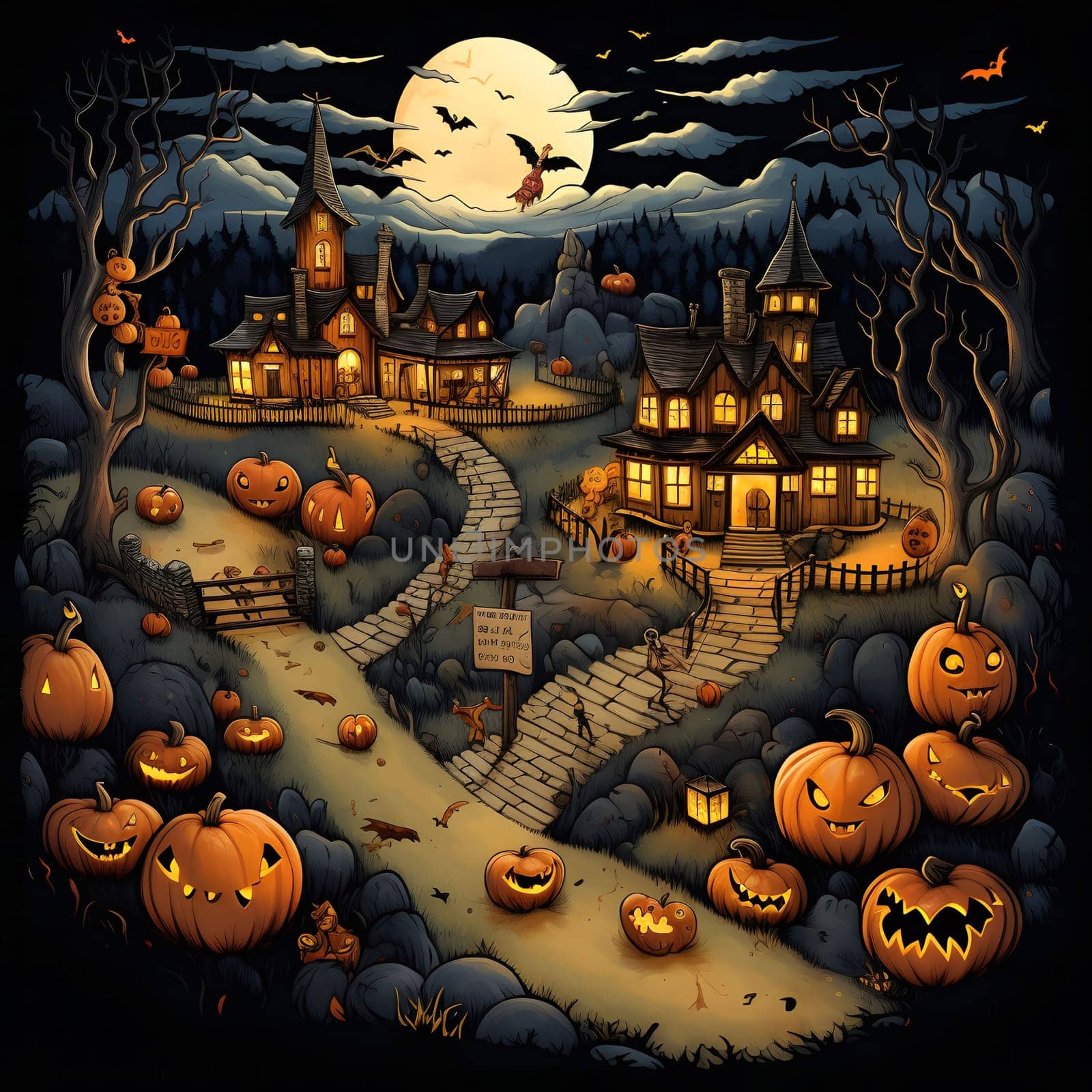 A spooky Halloween night illustration with pumpkins, houses, and spooky characters. The illustration features a dark and eerie atmosphere with lots of spooky details.