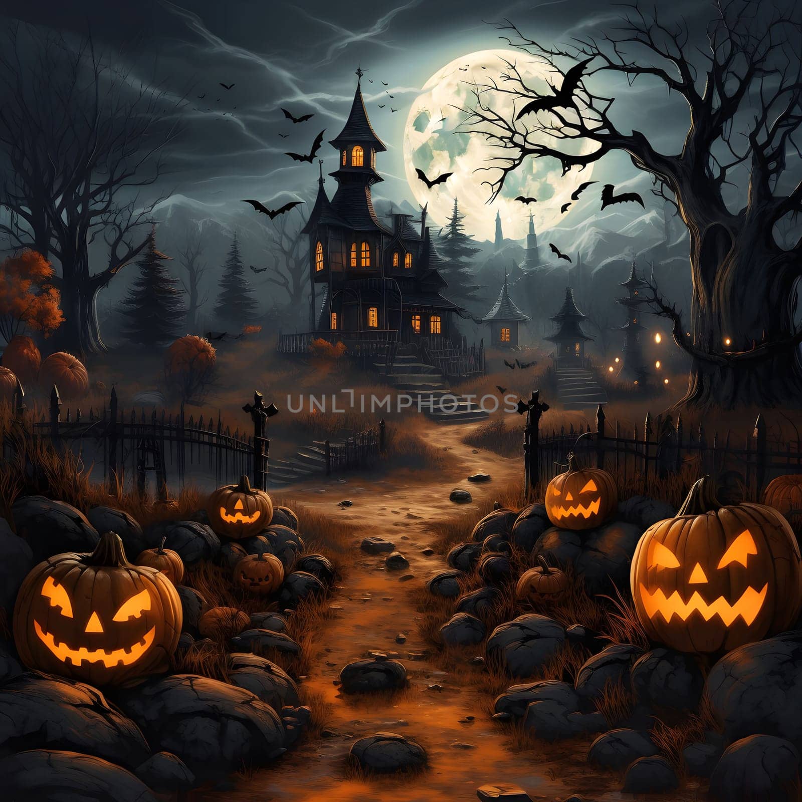 A spooky Halloween path with jack-o-lanterns leading to a haunted house in the distance.