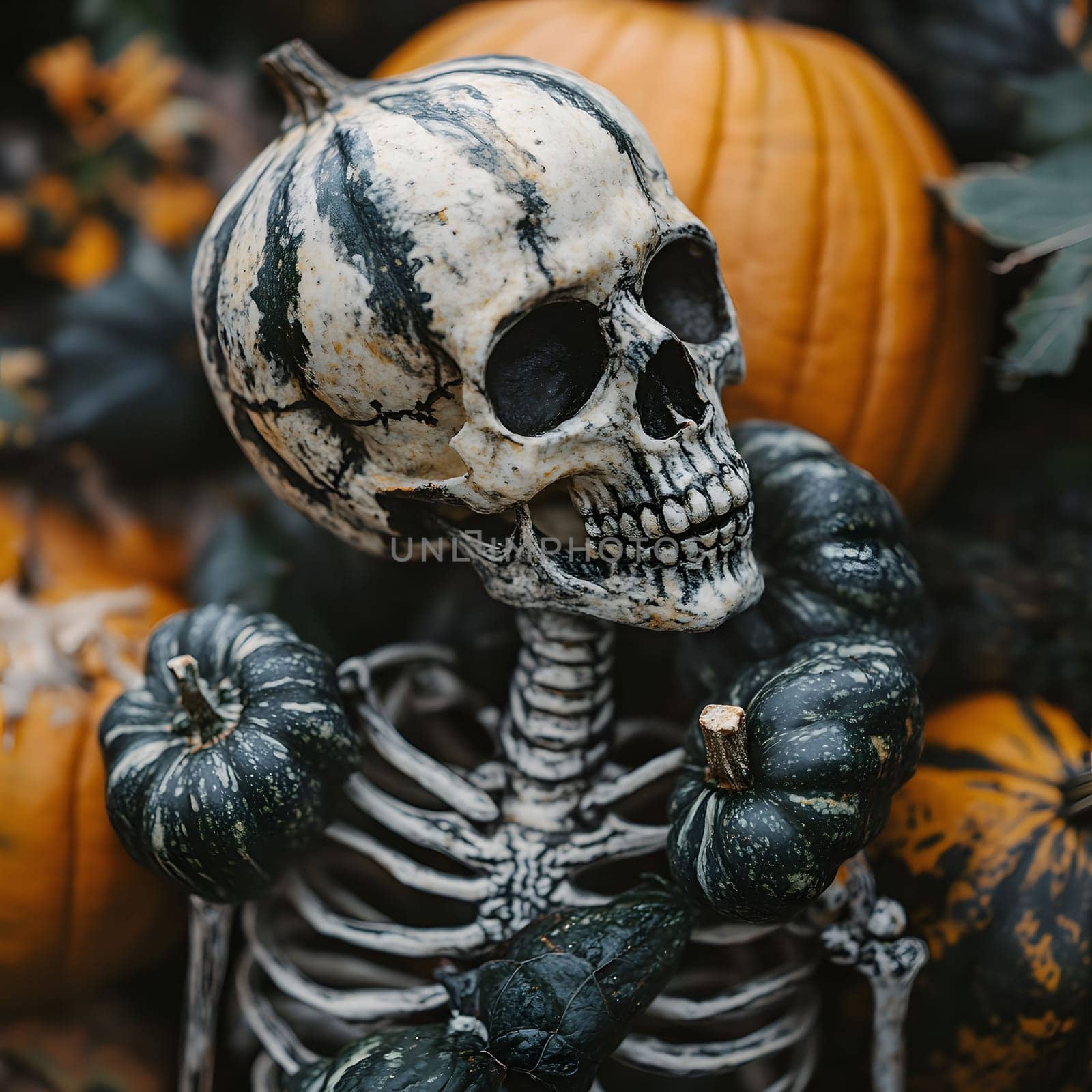 A close-up of a Halloween decoration, featuring a skeleton adorned with pumpkins. The skeleton is spooky and creepy, perfect for a Halloween party or decoration.