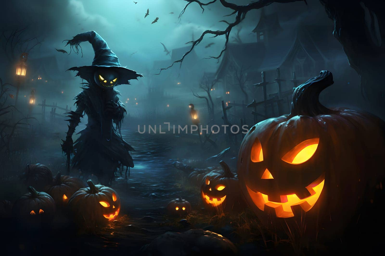 A spooky Halloween scene with a mysterious figure standing in the middle of a fog-filled forest path, surrounded by jack-o-lanterns and a spooky atmosphere.