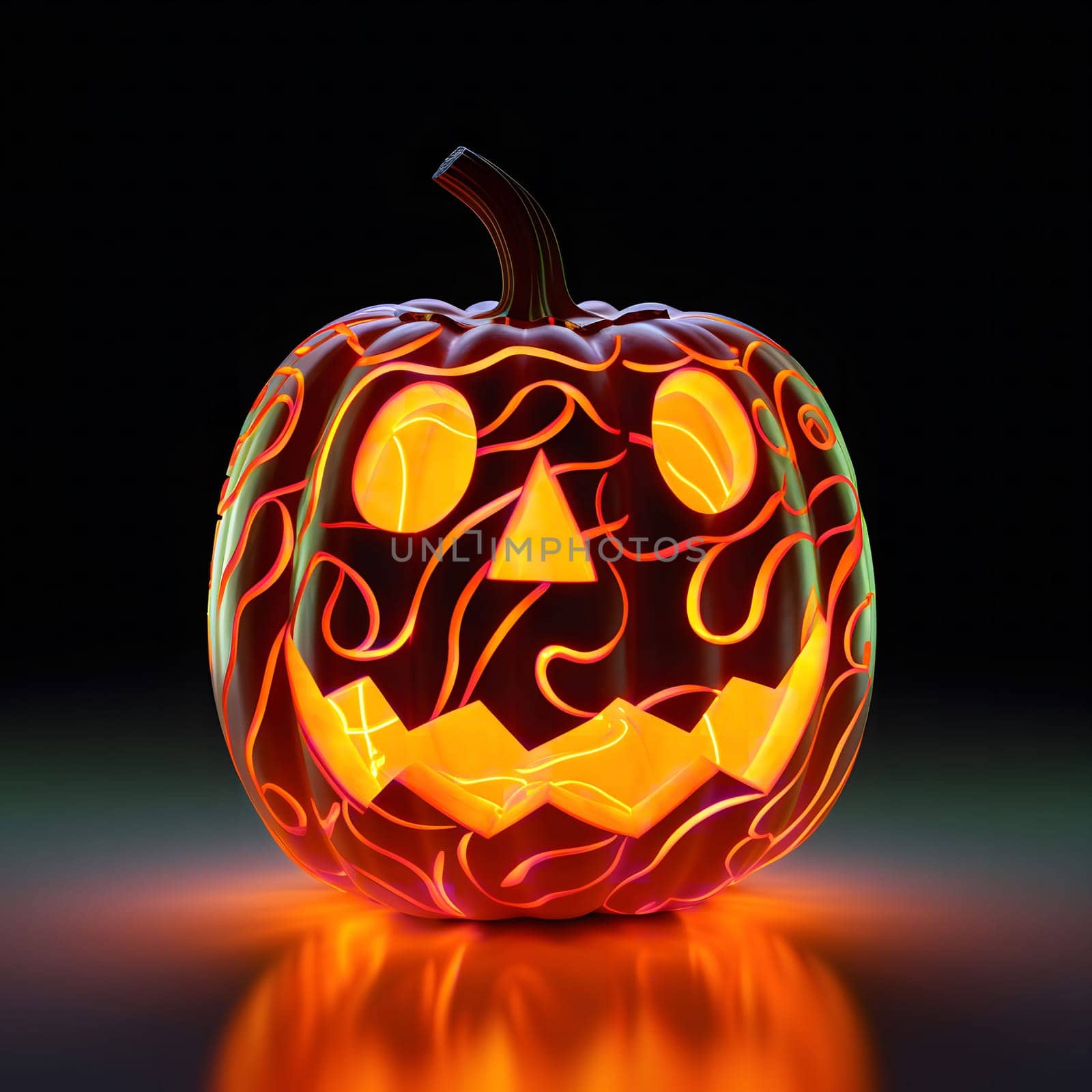 A glowing carved pumpkin with a spooky face. The dark background and the light coming from the pumpkin create a festive Halloween atmosphere.