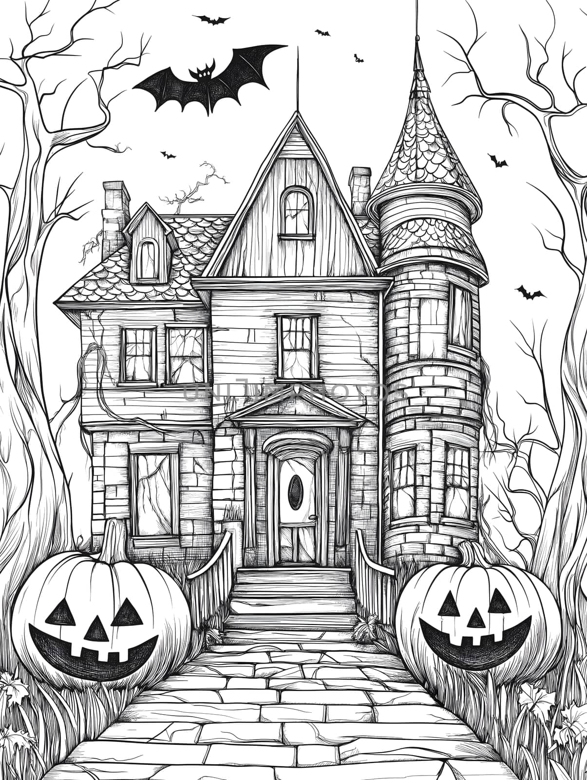 A spooky Halloween illustration of a haunted house with pumpkins and bats.