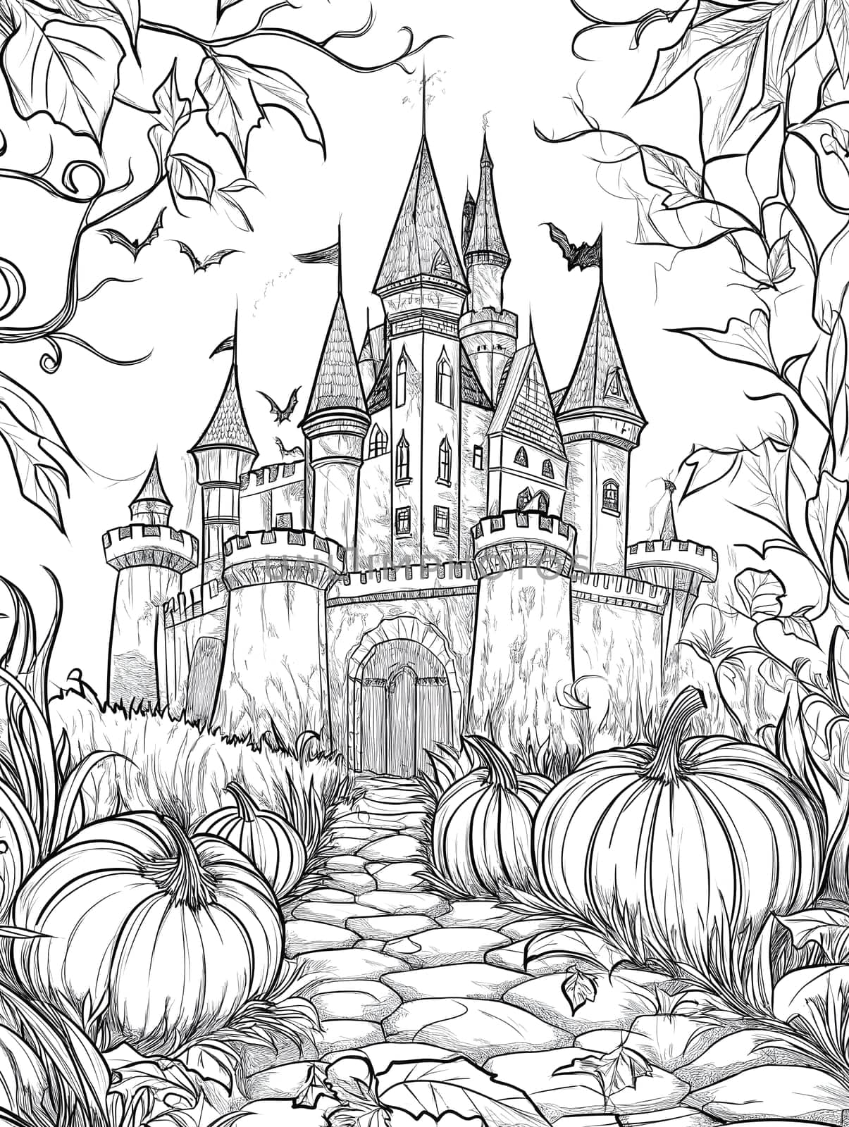 A black and white illustration of a majestic castle with pumpkins surrounding it. The castle is in a gothic style with many towers and windows. The path leading to the gate is made of cobblestones and is framed by leaves and vines.