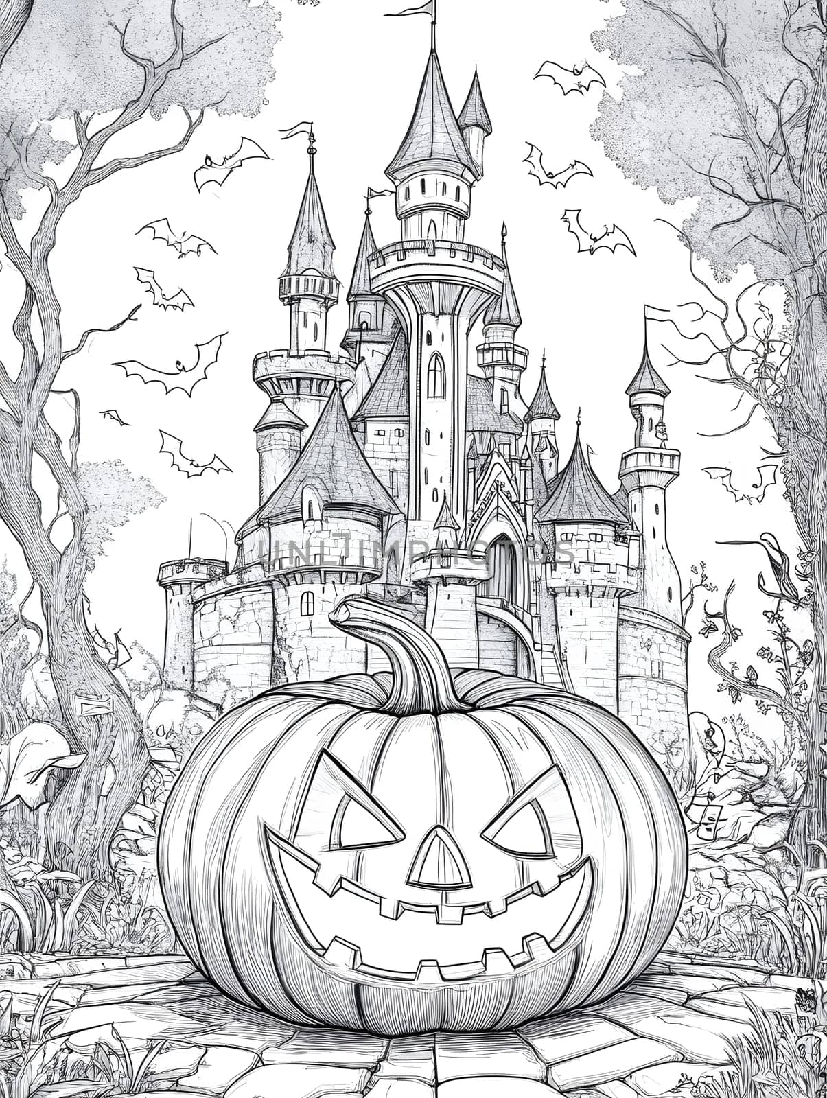 A spooky Halloween scene featuring a jack-o-lantern in front of a large, detailed castle. The pumpkin is carved with a spooky grin, and bats fly overhead.