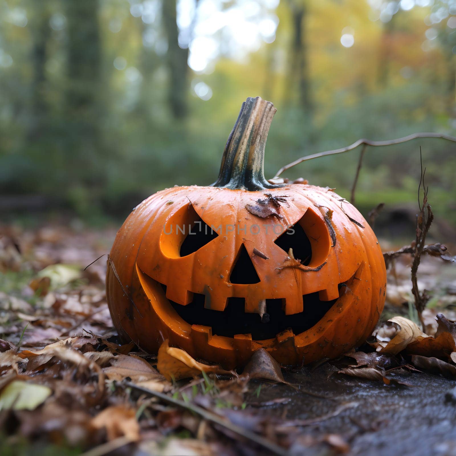 A jack-o-lantern with a carved face sits in a pile of autumn leaves in the forest. The pumpkin is a traditional Halloween decoration, symbolizing the holiday and bringing a spooky atmosphere to the scene.