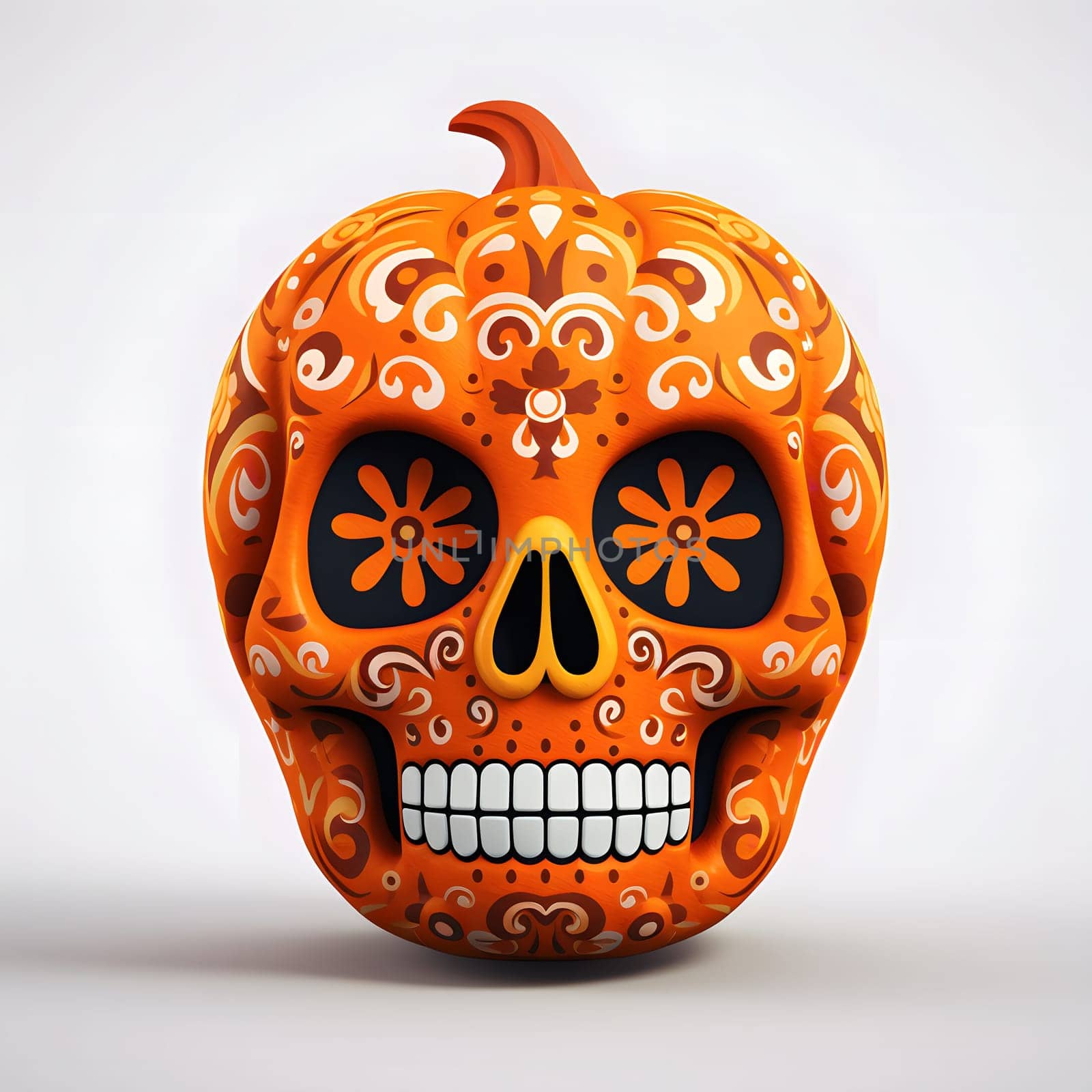 A close-up view of a decorated pumpkin, styled to look like a sugar skull. The orange pumpkin is decorated with intricate white patterns. The pumpkin's eyes and nose are black, while the mouth is white.