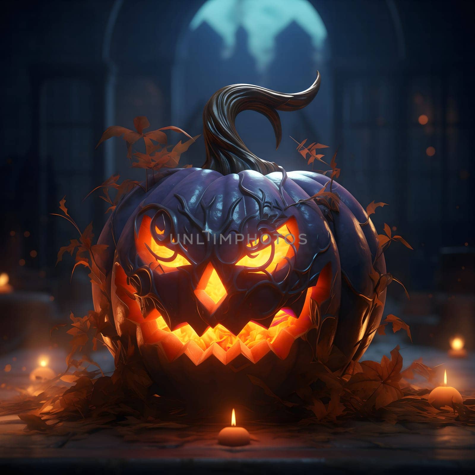 A spooky Halloween pumpkin with a carved face and glowing eyes. The pumpkin is surrounded by leaves and candles, creating a mystical atmosphere.