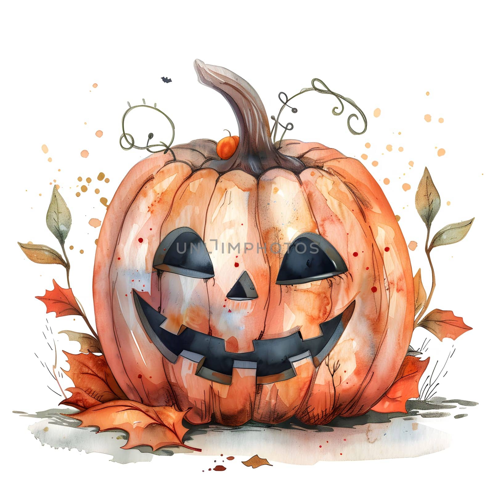 A watercolor painting of a jack-o-lantern with a spooky grin and details.