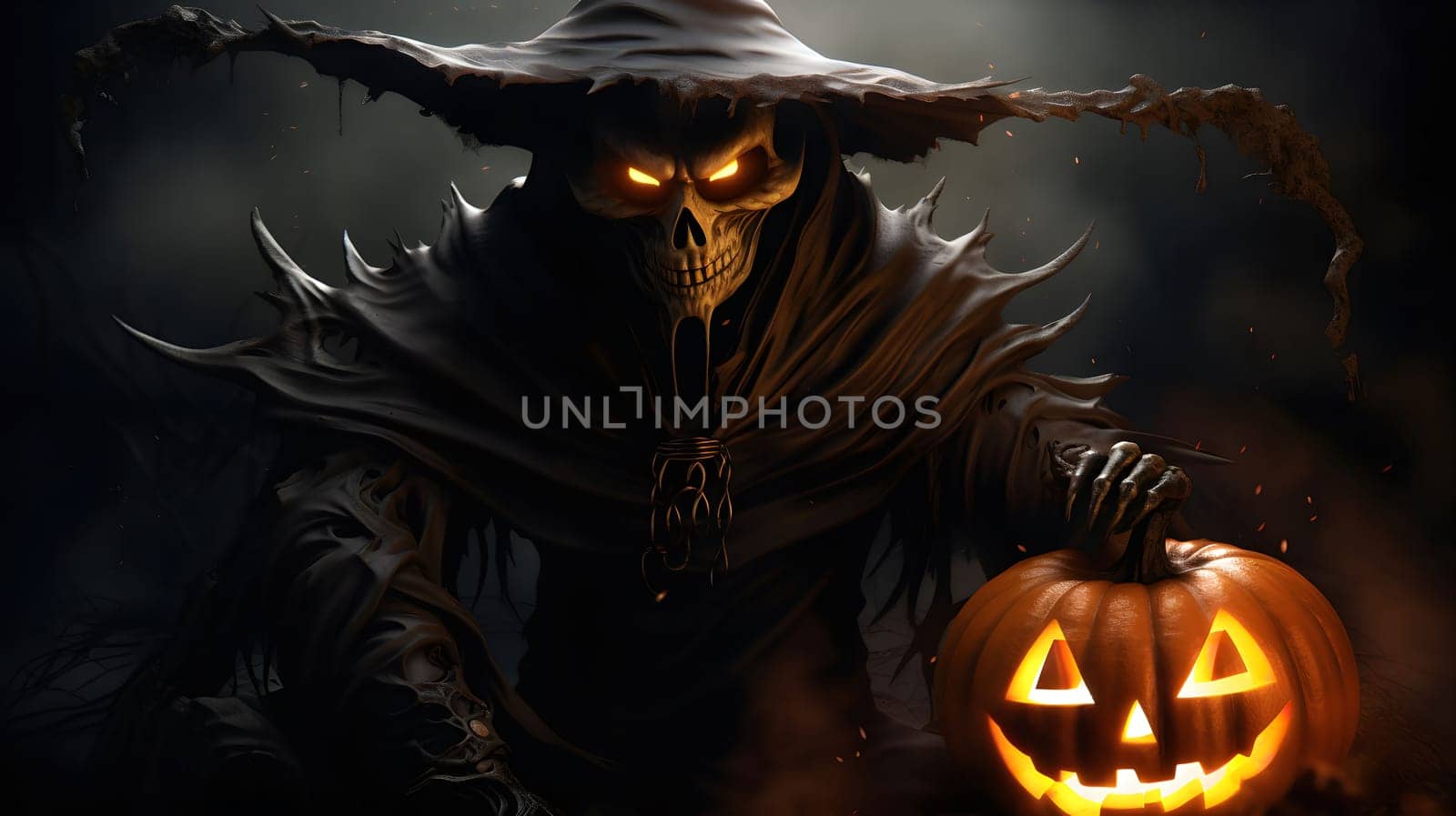 A dark and spooky Halloween image depicting a skeletal reaper holding a glowing jack-o'-lantern.